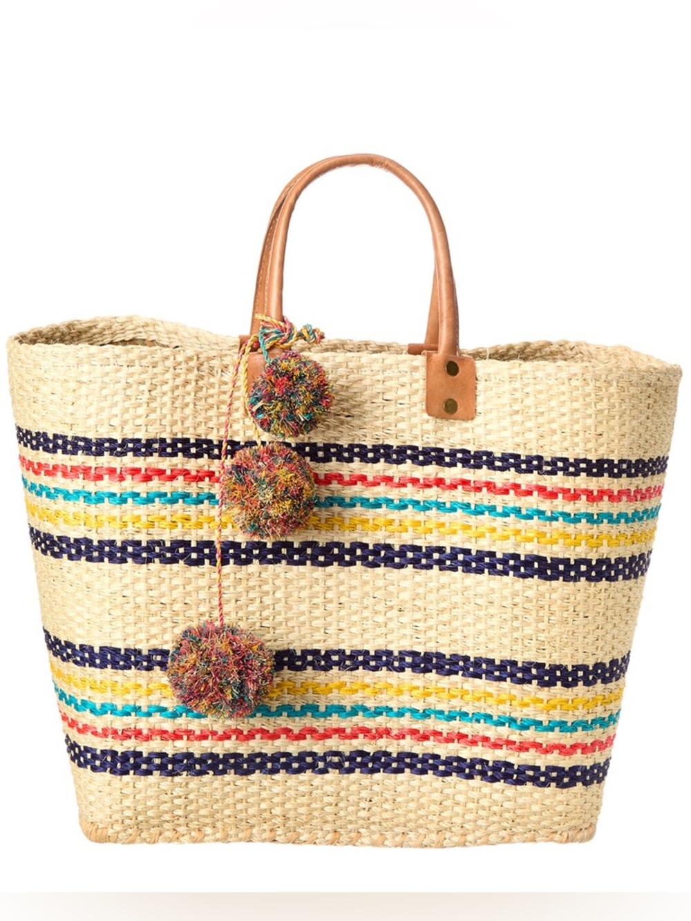 Mar Y Sol Caracas Woven Straw Tote Bag w/ Colorful Stripes & Pom Pom Tassels